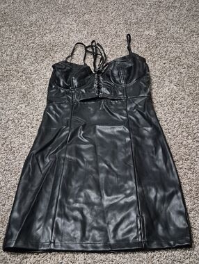 Black Faux Leather Lace-Up Mini Dress